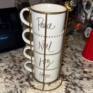 Elegant White and Gold Mug Set with Stand